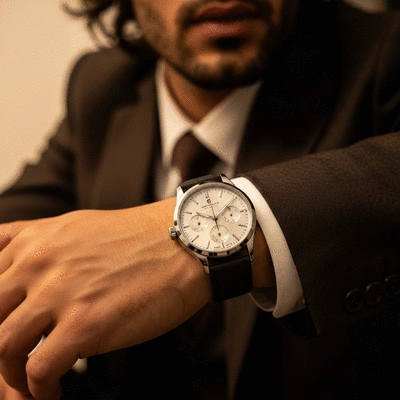Close-up of a man's wrist wearing a luxurious watch, complementing a stylish suit