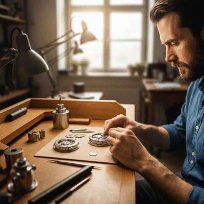 Watchmaking enthusiast meticulously working on a watch movement with specialized tools