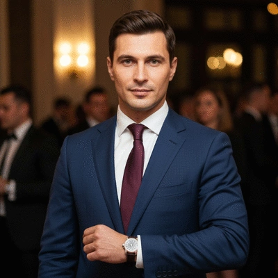 Elegant man wearing a luxury watch at a formal event, subtle lighting