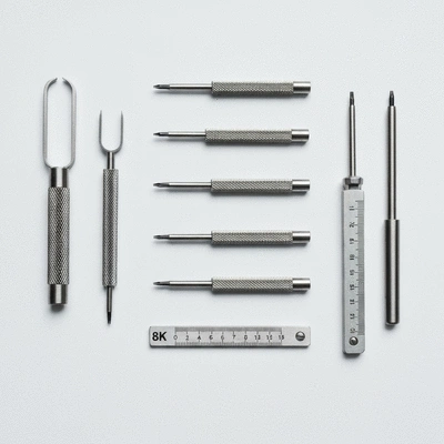 Flat lay of watch customization tools like a spring bar tool and screwdrivers