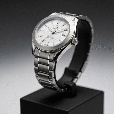 Close-up of a luxurious Omega watch on a display stand