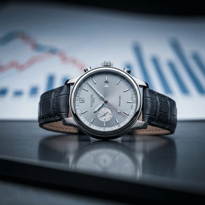 Close-up of a luxurious wristwatch on a polished surface, with financial charts subtly blurred in the background, no text, no words, no typography, no labels, clean image
