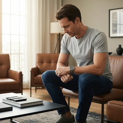 Man looking at a luxury sports watch, representing investment and personal style