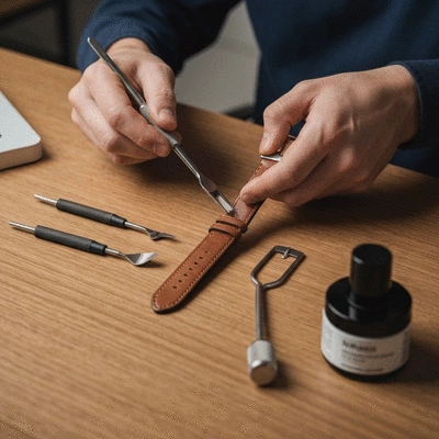 Person cleaning and conditioning a leather watch strap with specialized tools and products