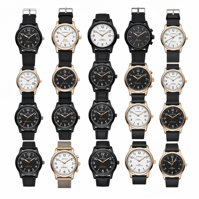 Collection of diverse affordable wristwatches, neatly arranged, showcasing different styles and materials