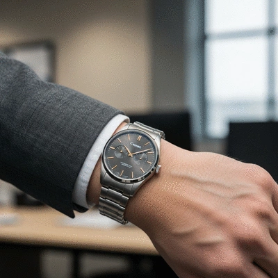 Close-up of a classic, sleek dress watch on a man's wrist in a professional setting