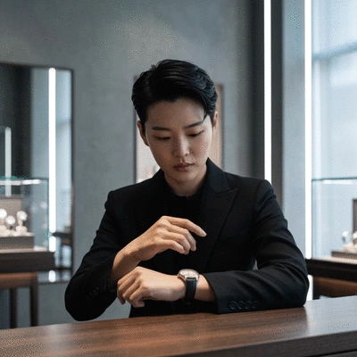 Close-up of a person trying on a stylish wristwatch in a store, clean image, no text, no words, no typography