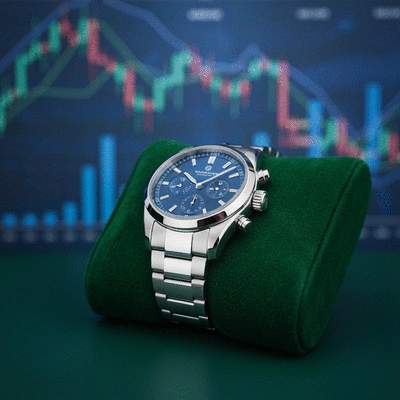 Close-up of a high-end luxury watch on a velvet display cushion, with a blurred background of financial charts, no text, no words, no typography, 8K