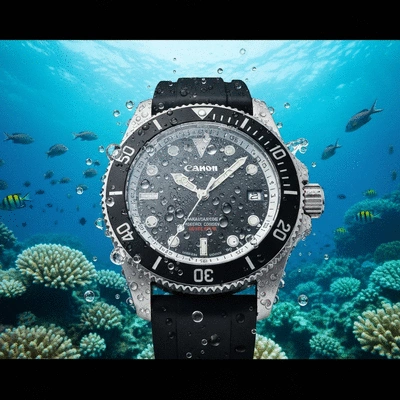 Close-up of a stylish diver's watch with water droplets on the crystal, showcasing its water resistance in a dynamic setting.