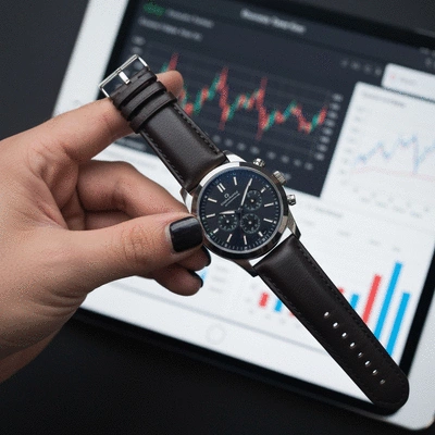 Overhead view of a person's hand holding a luxury watch, with a tablet displaying market trends and graphs in the background, no text, no words, no typography, 8K