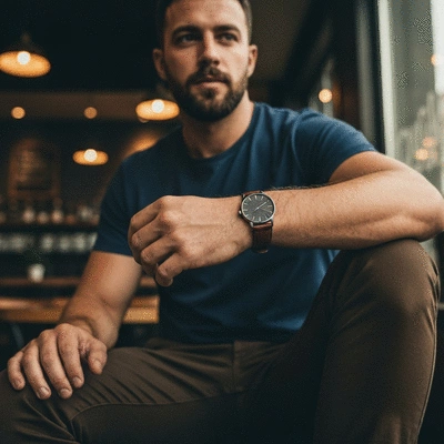 Man wearing a stylish everyday watch on his wrist, in a casual setting