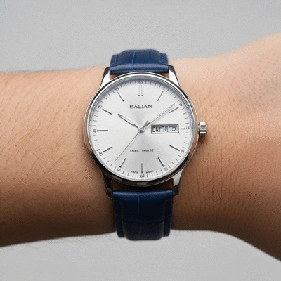 Close-up of a stylish budget wristwatch on a wrist, showing time and date, with a clean, blurred background, no text, no words, no typography, clean image