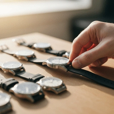 Person's hand adjusting a budget watch, with a collection of other watches blurred in the background, clean image, no text, no words, no typography