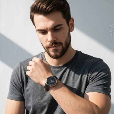 Person wearing a stylish watch, looking at it thoughtfully, clean background, no text, no words, no typography, 8K