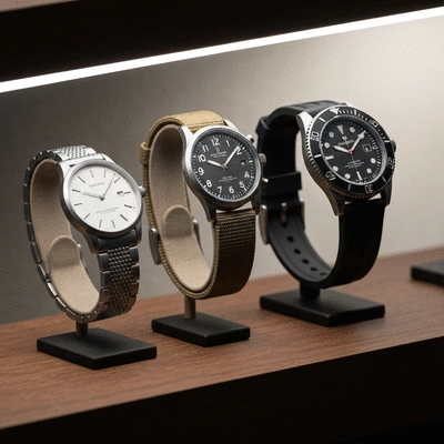 Three different watches on a display stand: a dive watch, a field watch, and a dress watch, showcasing their distinct styles, clean background, no text, no words, no typography, 8K