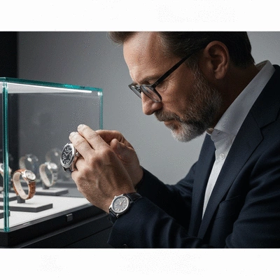 Luxury watch collector examining a Chopard Mille Miglia timepiece under soft studio lighting
