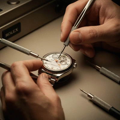 Close-up of a Rolex watch being assembled by a watchmaker, showing intricate details and precision tools, rich lighting, no text, no words, no typography, clean image