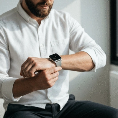 Man adjusting a minimalist smartwatch on his wrist, in a modern setting