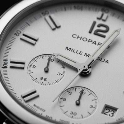 Close-up of a Chopard Mille Miglia watch dial, showing intricate details and racing-inspired design elements