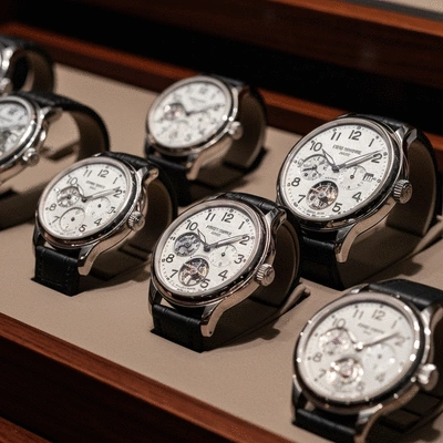 A collection of Patek Philippe watches displayed in a luxurious setting, showcasing their intricate designs and craftsmanship