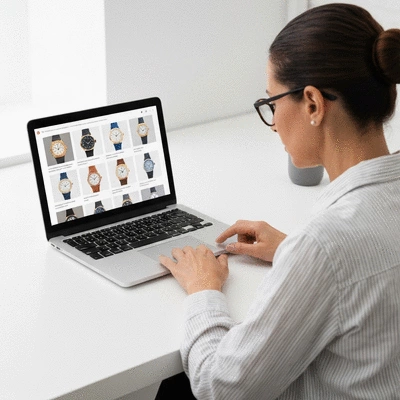 Person browsing watches on a laptop, online shopping for affordable luxury watches