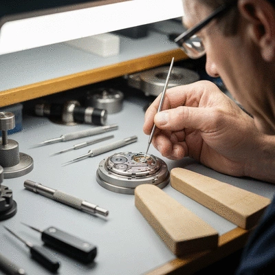 Close-up of a watchmaker's hands meticulously assembling a complex watch movement with specialized tools