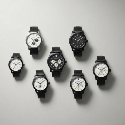 A collection of luxury microbrand watches displayed on a minimalist background