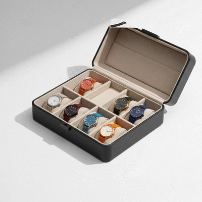 Modern watch box with several affordable watches stored neatly, clean background
