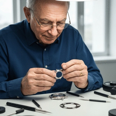 Watchmaker inspecting the gasket of a watch with specialized tools, emphasizing precision and care in maintenance.