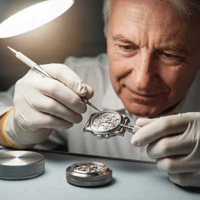 A detailed shot of a luxury watch being serviced by a professional watchmaker, with tools and protective gloves, no text, no words, no typography, no labels, clean image