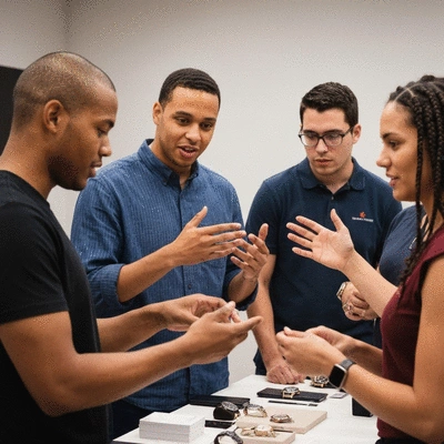 Group of watch enthusiasts at a meetup, casually discussing and admiring different timepieces, no text, no words, no typography, clean image