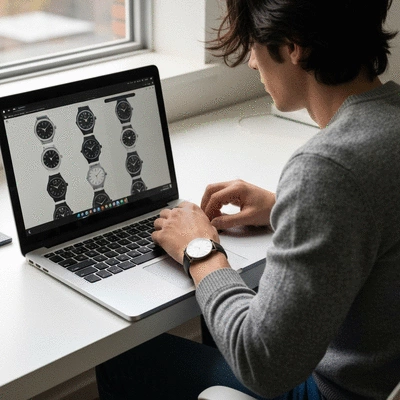 Person browsing watches on a laptop, with a watch on their wrist