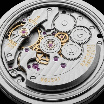 Close-up of intricate mechanical watch movement, gears, springs, and jewels visible