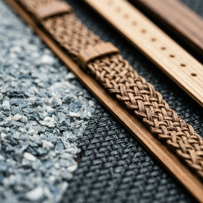 Close-up of sustainable watch materials like recycled metal and eco-friendly straps