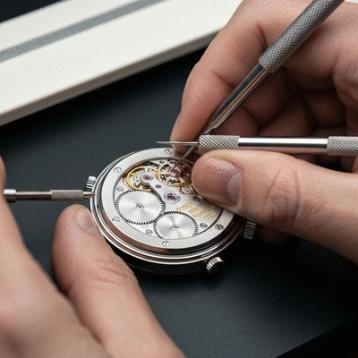 Close-up view of a skilled artisan watchmaker meticulously assembling a Patek Philippe watch movement with tiny tools