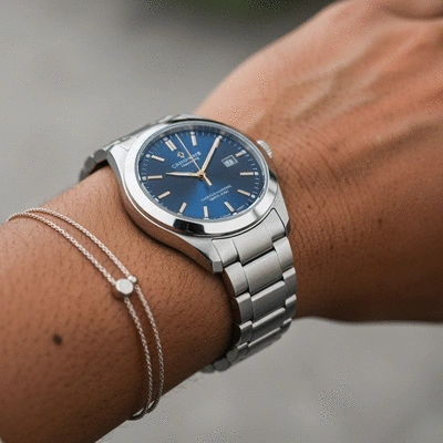 Close-up of a stylish, affordable wristwatch on a person's wrist, showing quality craftsmanship